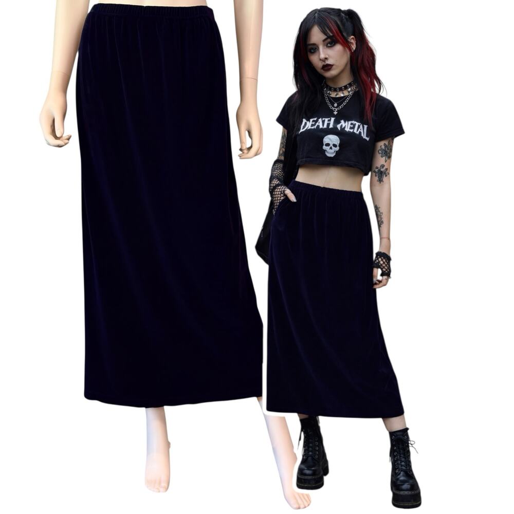 Vintage 90s Navy Blue Velour Maxi Skirt Size Medium Elastic Waist Minimalist